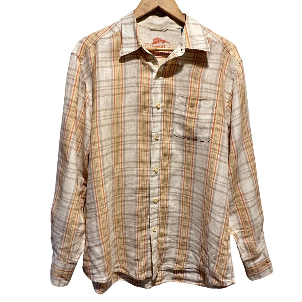 Tommy Bahama Plaid Linen Button Up Shirt Mens Large Long Sleeve Beach Casual